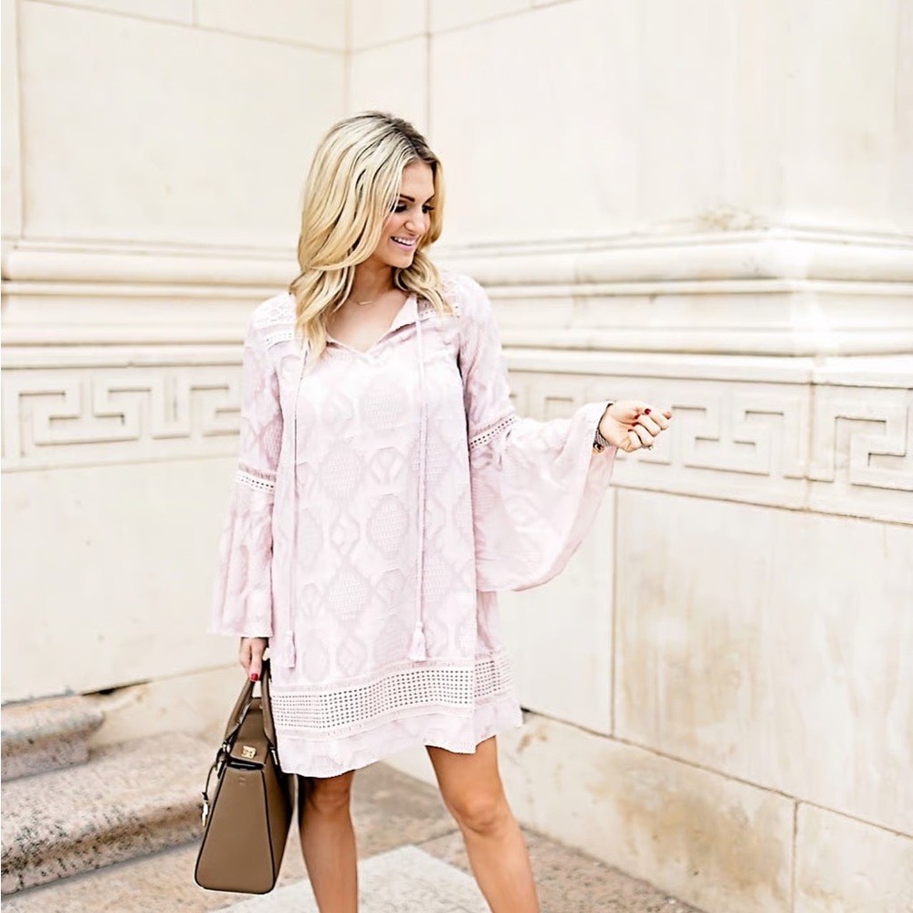 Anthropologie Floreat Light Pink Boho Dress with Bell Sleeves